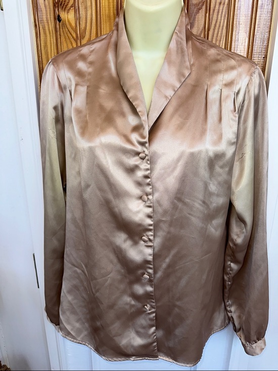 Vintage Tops - Vintage‎ 70s/80s Chaus Satin Taupe Button-Front Blouse with Pleated Neck